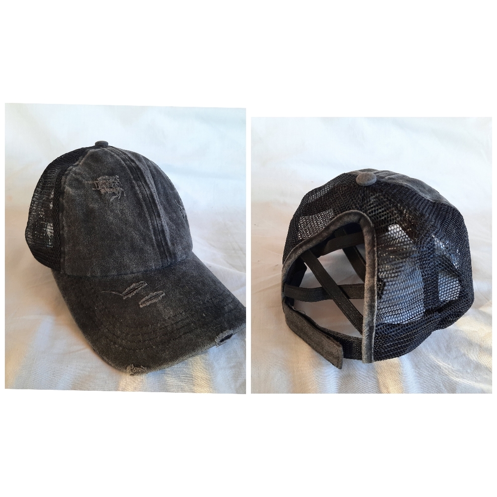 New! Black Distressed Pony Tail Hat